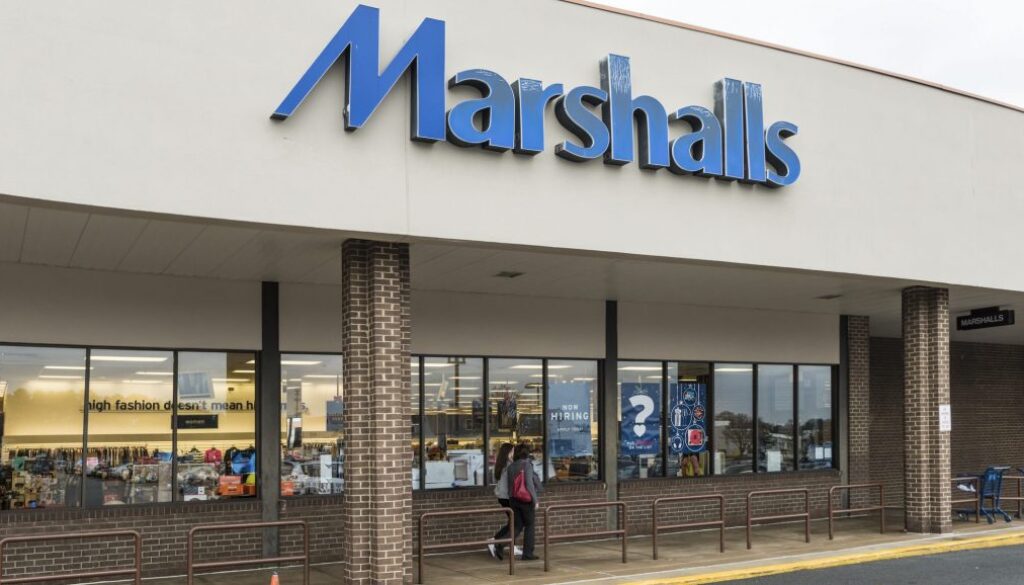 Marshalls storefront with blue sign and people walking