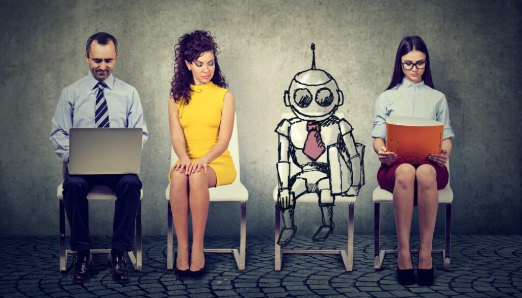 Cartoon robot sitting in line with applicants for a job interview