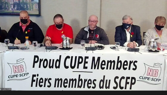 Members of CUPE New Brunswick hold a news conference on Nov. 9, 2021. (Image Zoom video capture)
