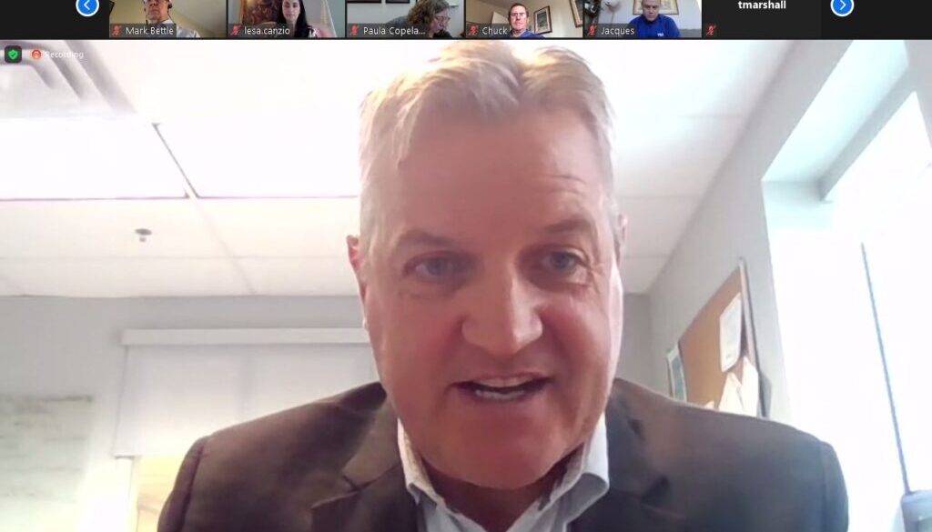 Interim Saint John Airport CEO Greg Hierlihy speaks during a virtual meeting with the Airport Community Consultative Committee. Image Zoom screen capture