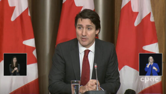 Prime Minister Justin Trudeau announced a child-care deal with New Brunswick on Dec. 13, 2021. (Image CPAC video capture)