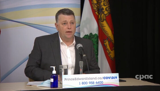 Dennis King, the premier of Prince Edward Island, speaks during a news conference on Feb. 8, 2022. (Image CPAC video capture)