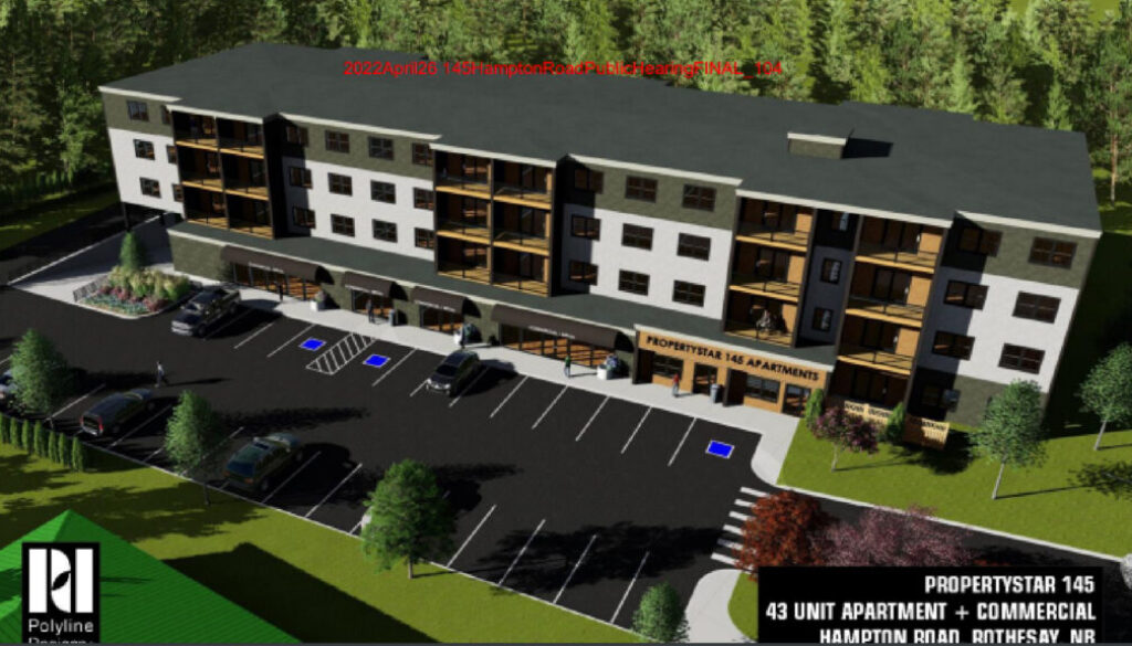 A rendering of a 43-unit apartment building with commercial space being proposed at 145 Hampton Road in Rothesay. (Image submitted)