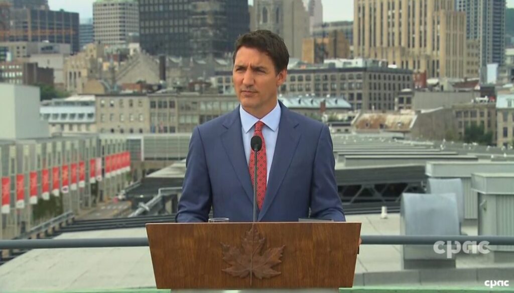 Prime Minister Justin Trudeau speaks with reporters in Montreal on Aug. 22, 2022. Image CPAC video capture