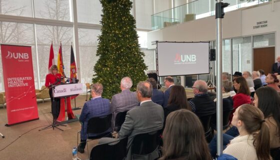 Dr. Petra Hauf, vice-president at UNB Saint John, speaks at an announcement regarding the Integrated Health Initiative. Image by Tamara Steele.