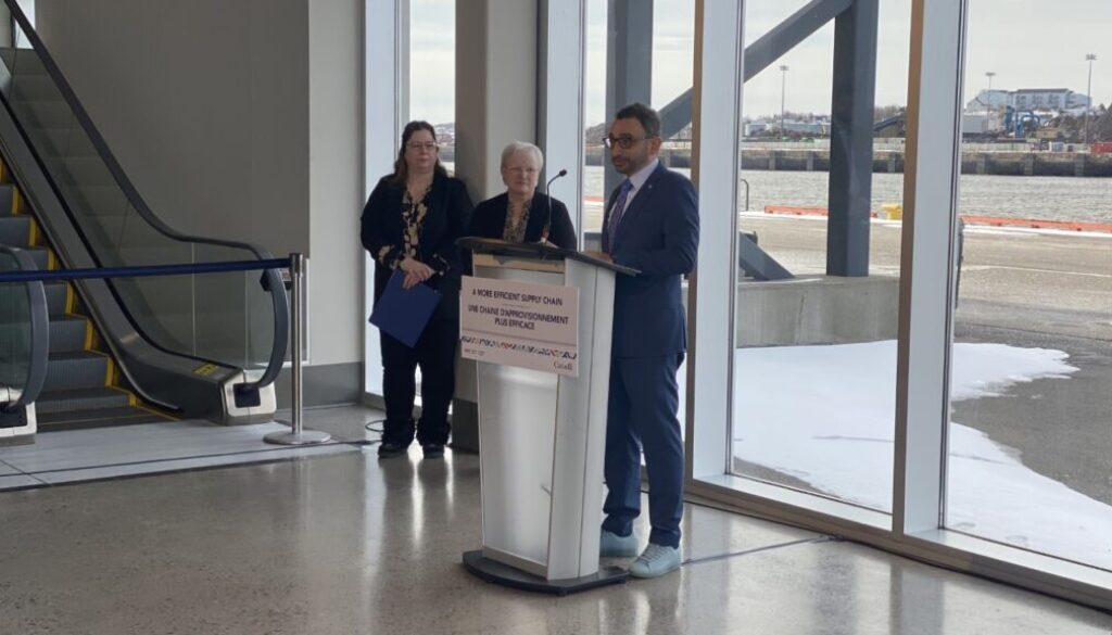 Transport Minister Omar Alghabra announces more than $10 million in federal funding for two projects in Saint John on Feb. 28, 2023. Image Brad Perry