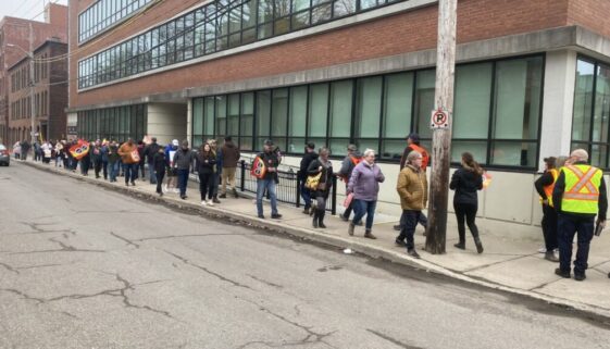 Public service workers picket in front of a federal government building in uptown Saint John on April 19, 2023. Image Brad Perry