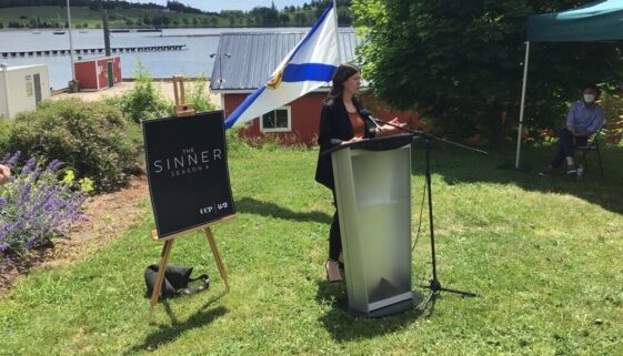 Screen NS Executive Director Laura MacKenzie speaking during the wrap event for The Sinner Season 4 in Lunenburg, NS. Photo Evan Taylor.